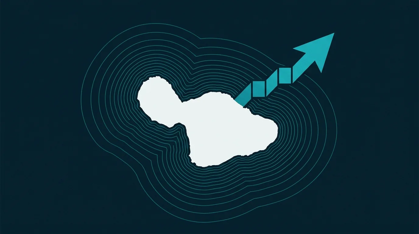 Illustration: the island of Maui ringed by ocean-depth contours, with a stepped arrow climbing from the island toward the top right